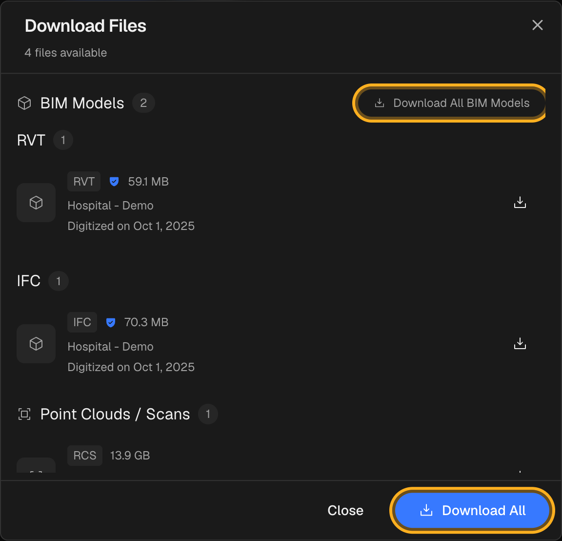 The per-group Download All button and the global Download All button, both highlighted