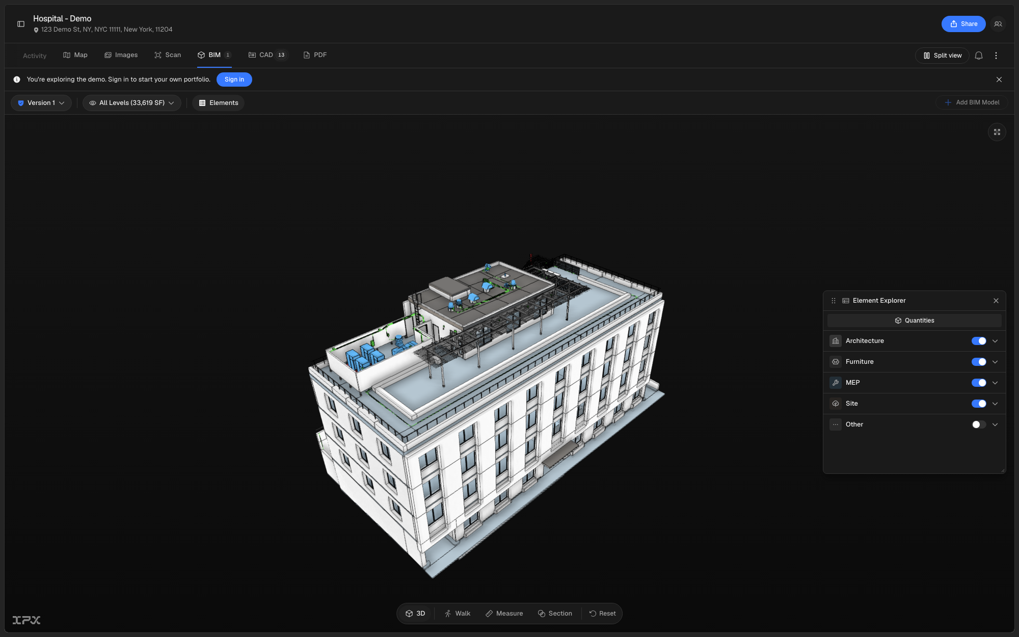 The BIM viewer toolbar in 3D perspective mode, showing real depth on the building instead of flat isometric projection
