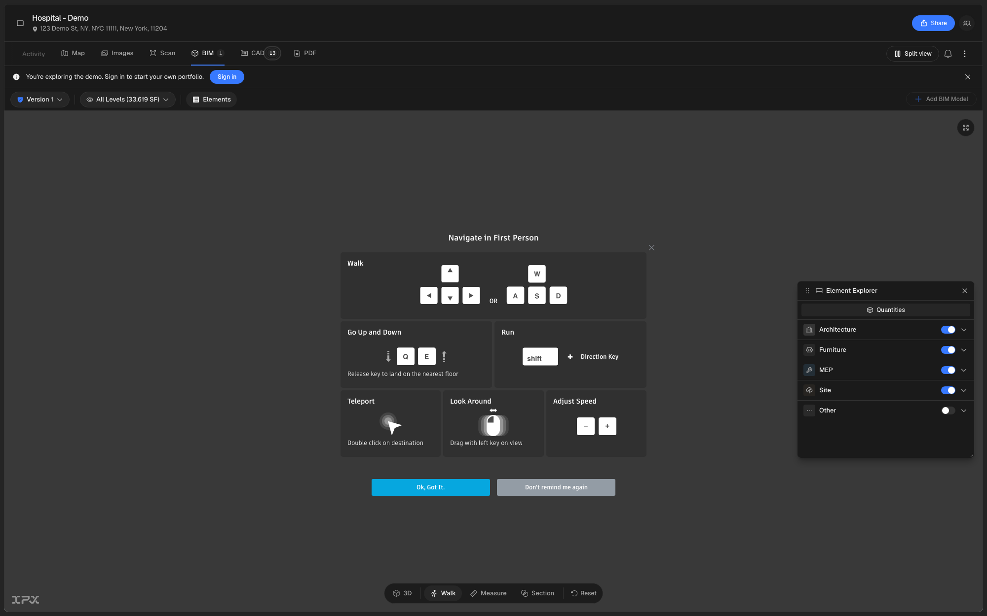 The first-person navigation guide shown the first time Walk mode is activated, covering movement, vertical movement, running, teleporting, and looking around