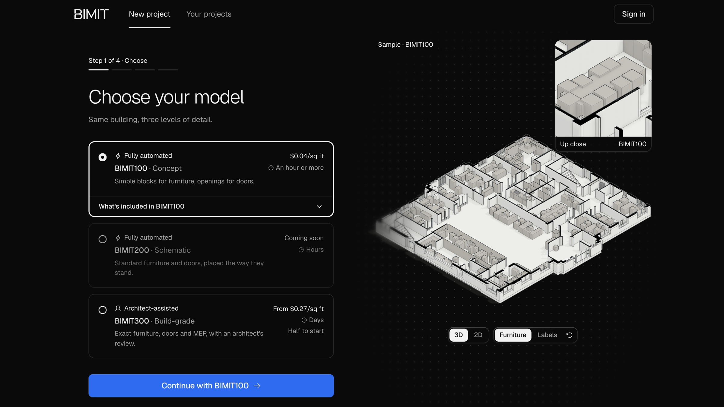 Choose your model: BIMIT100, BIMIT200 and BIMIT300, the same building at three levels of detail