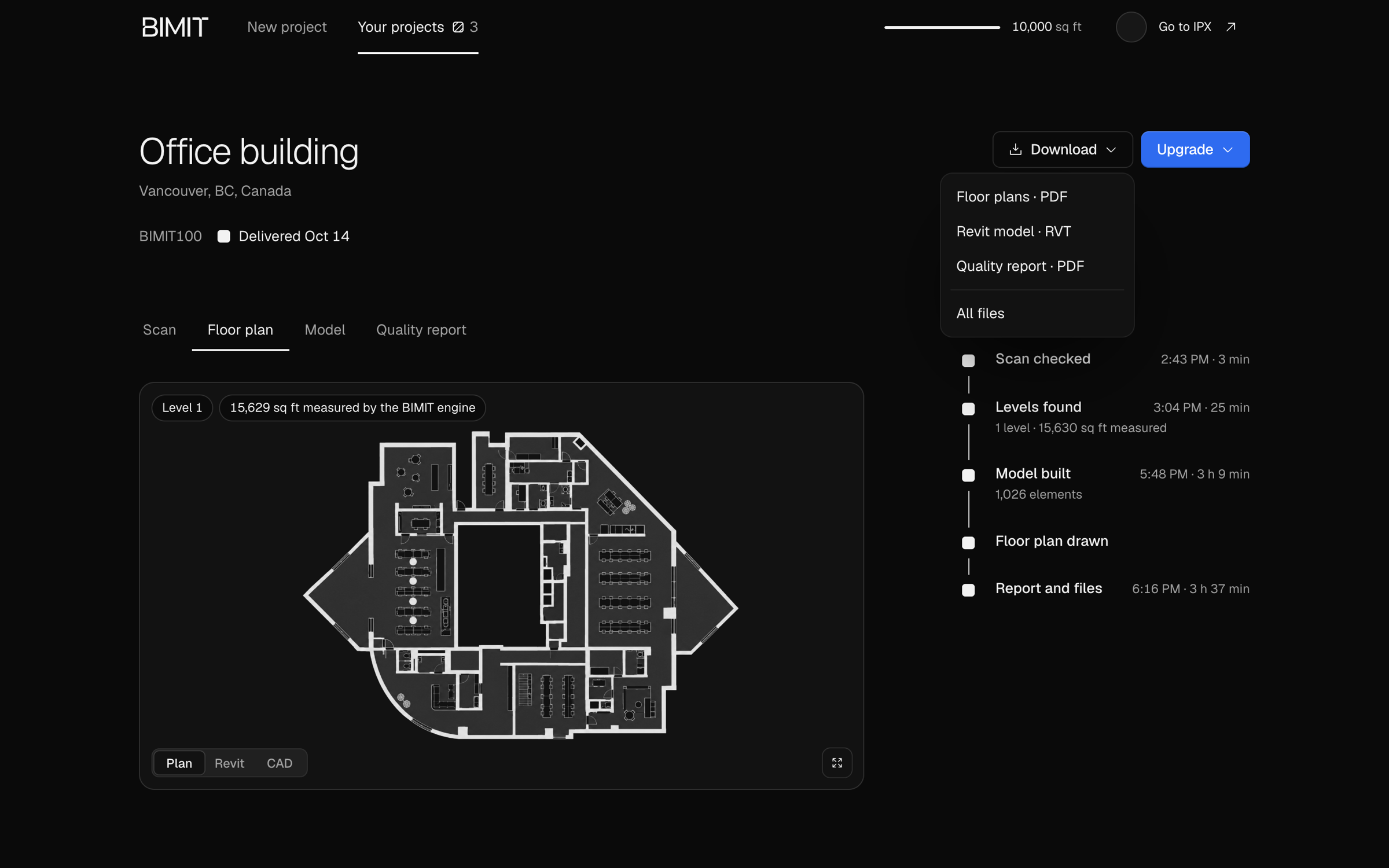 The Download menu: floor plans as PDF, the Revit model as RVT and the quality report as PDF
