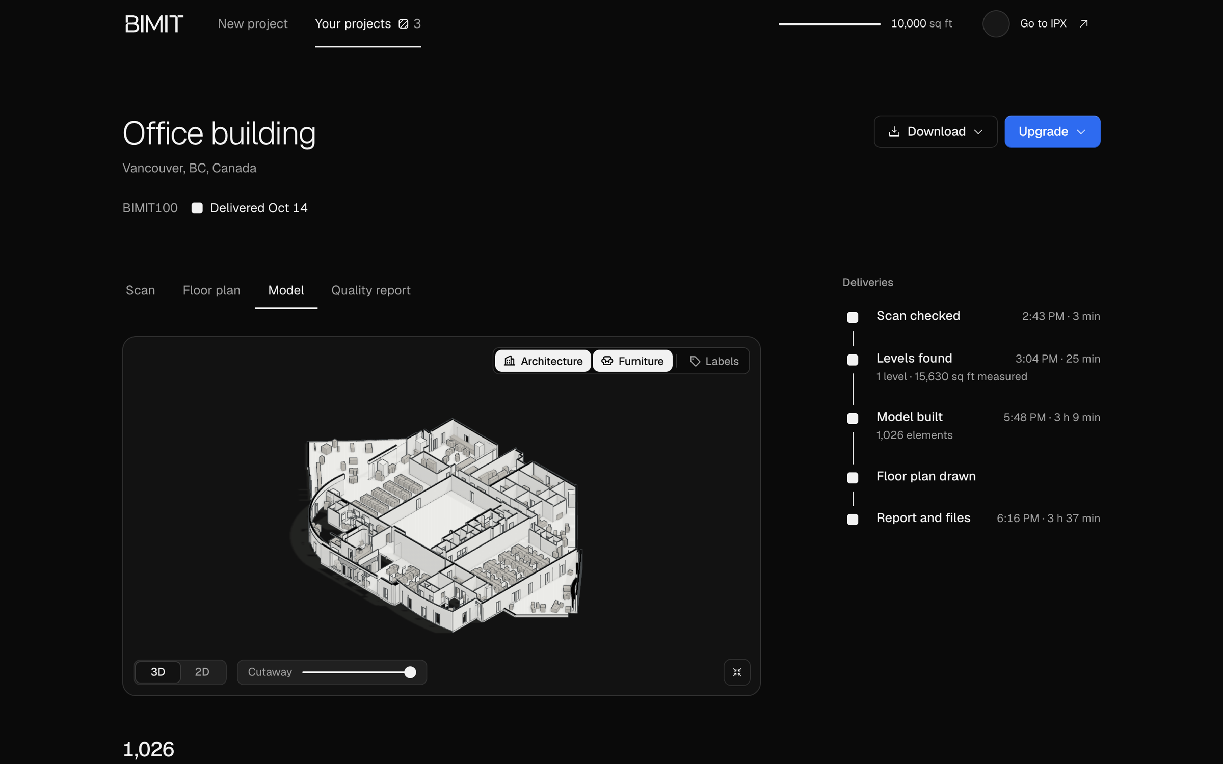 A delivered project: the Revit model in 3D beside the delivery timeline, from Scan checked to Report and files