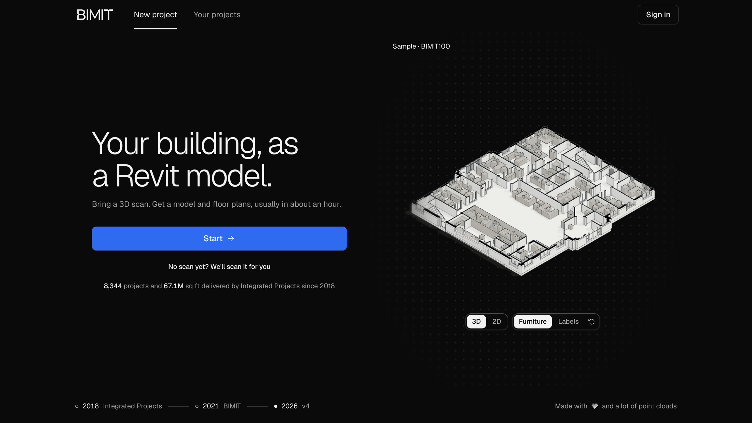 The BIMIT page as a visitor first sees it: Your building, as a Revit model, beside the BIMIT100 sample