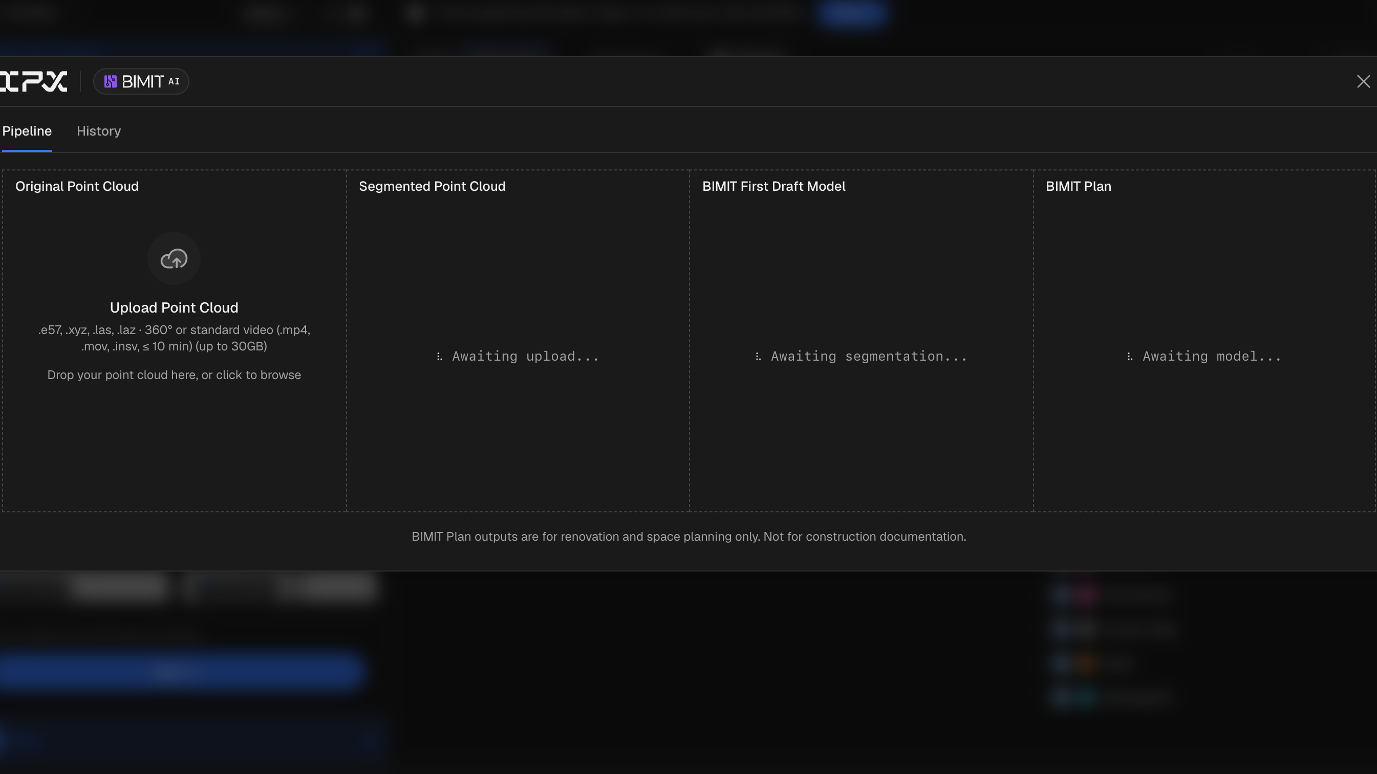 The BIMIT AI modal open on the History tab, with the browser address bar showing ?bimit-tab=history