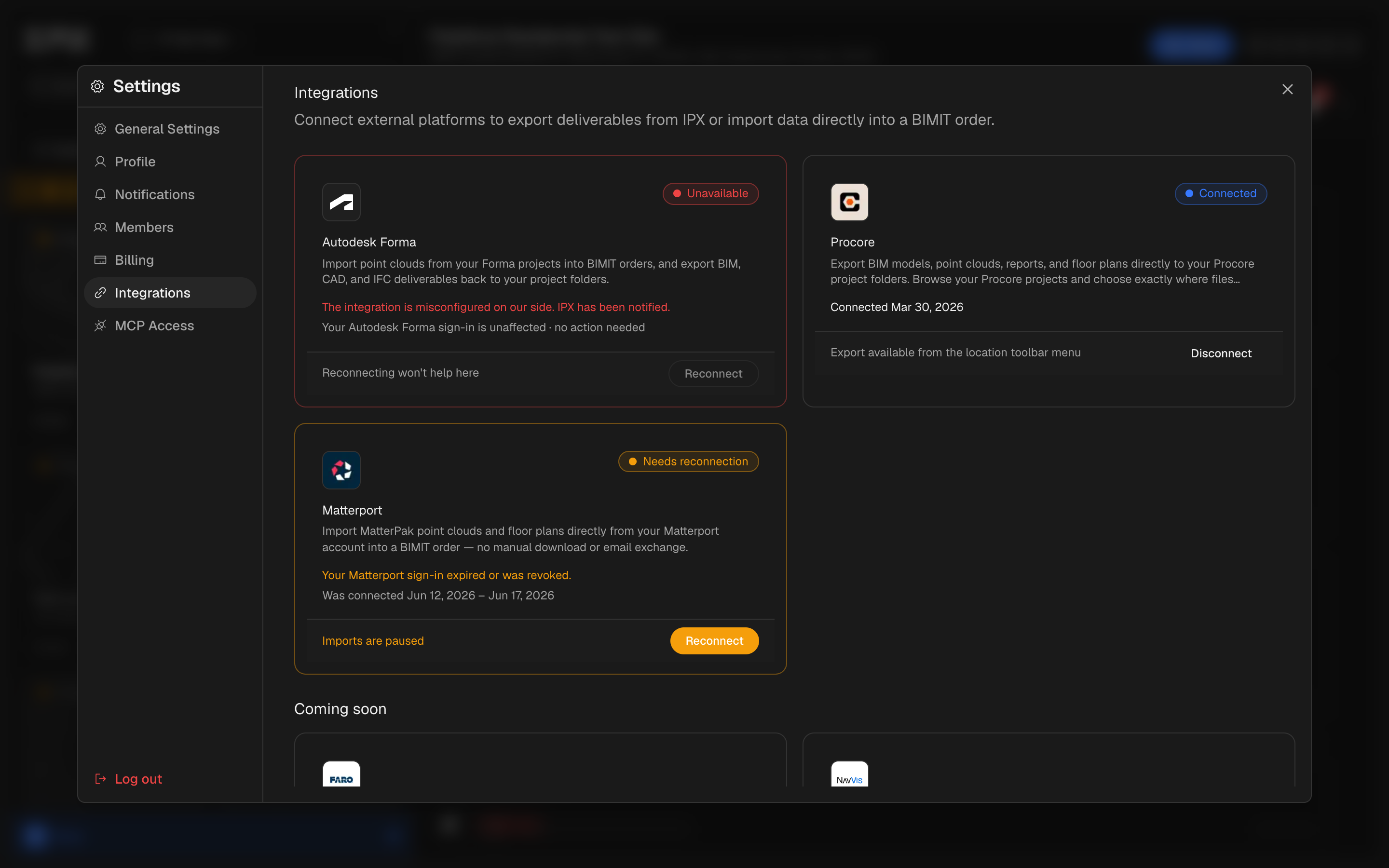 The Settings > Integrations panel showing an amber 'Needs reconnection' card with plain-words reason and filled Reconnect button, alongside a blue 'Connected · Verified just now' card