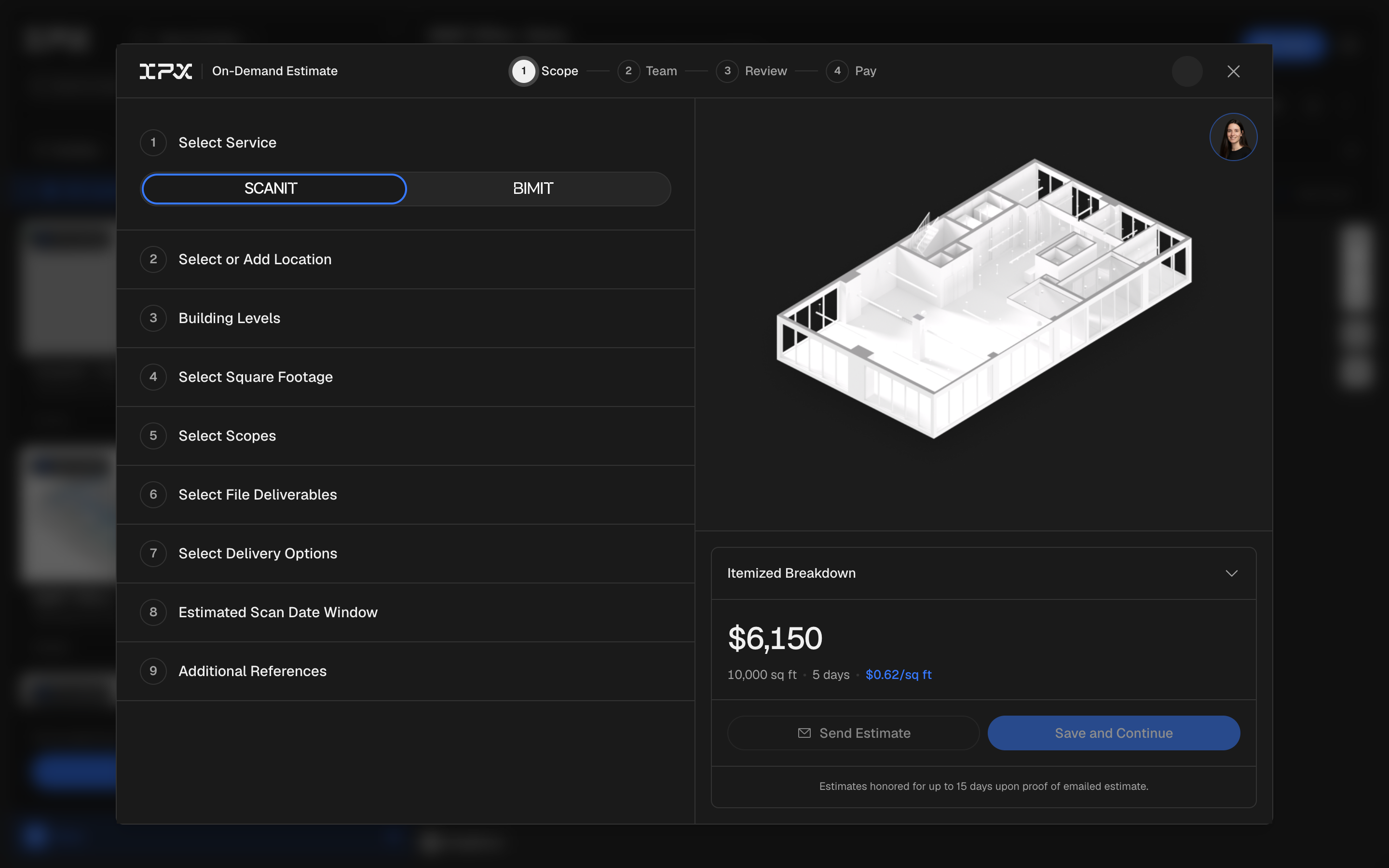 The public estimate wizard for a signed-out visitor, showing the itemized price breakdown and the Send Estimate / Save and Continue footer