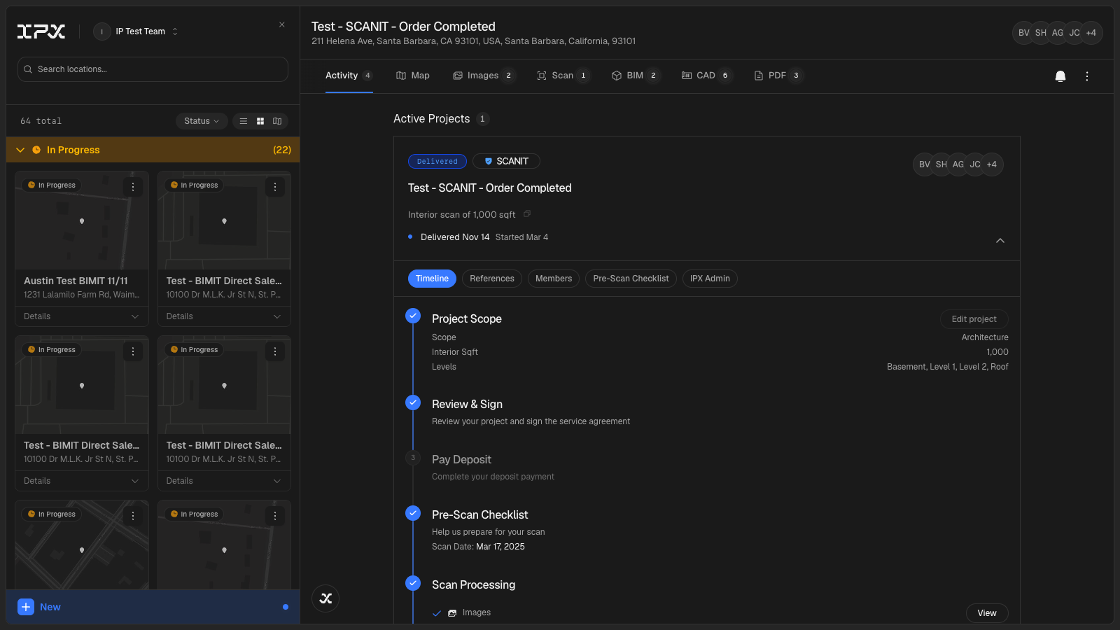 The redesigned Activity tab showing two zones: expandable project cards at the top (with progress bar, status badge, and open expandable sections for Progress/Timeline/Scope/Billing) and the activity feed below with date-grouped entries and the All/Orders/Files/Members filter buttons visible