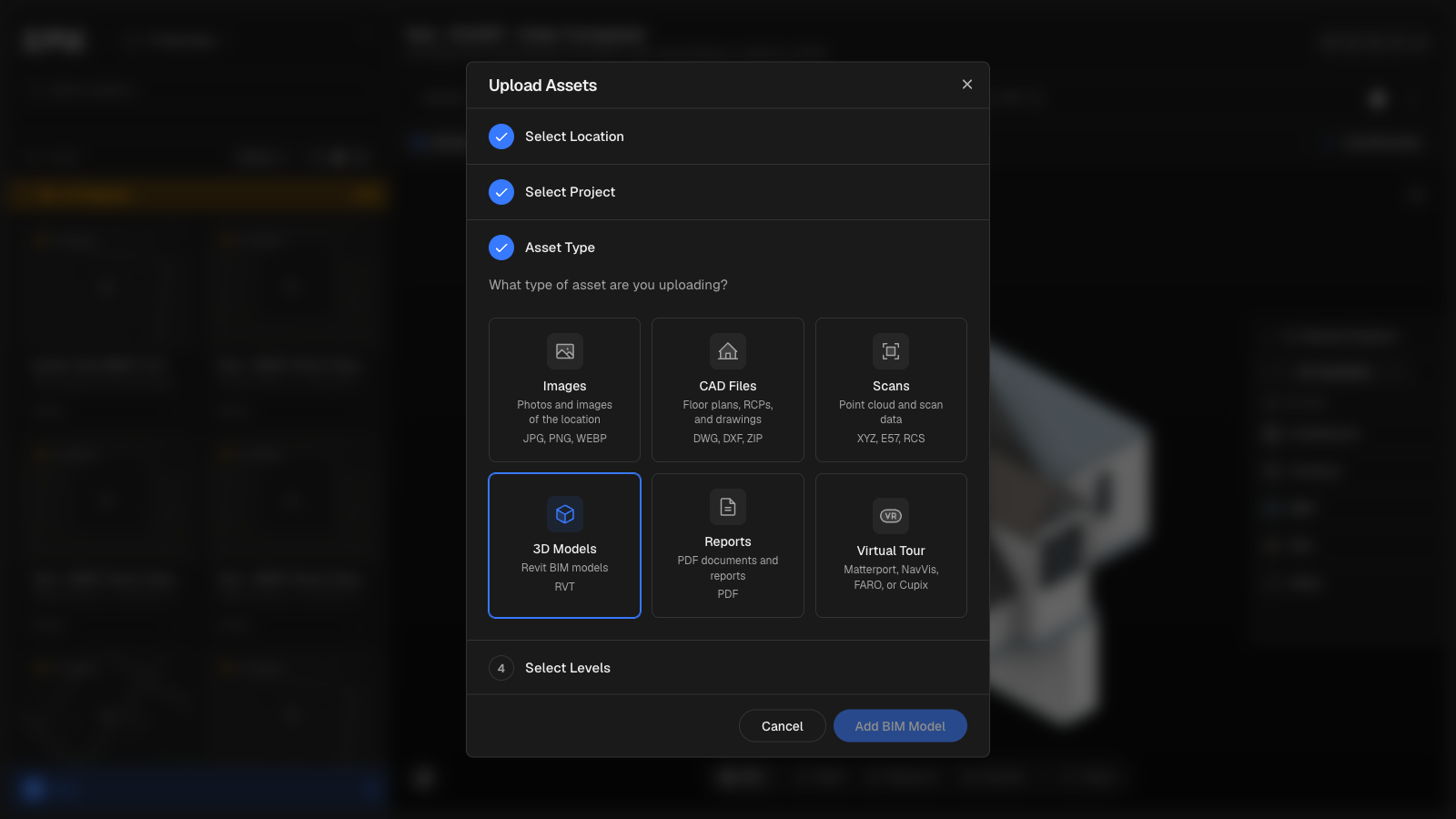 The upload modal with the Scans asset type selected, showing the dropzone accepting .rcs files and helper text listing 'XYZ, E57, RCS'