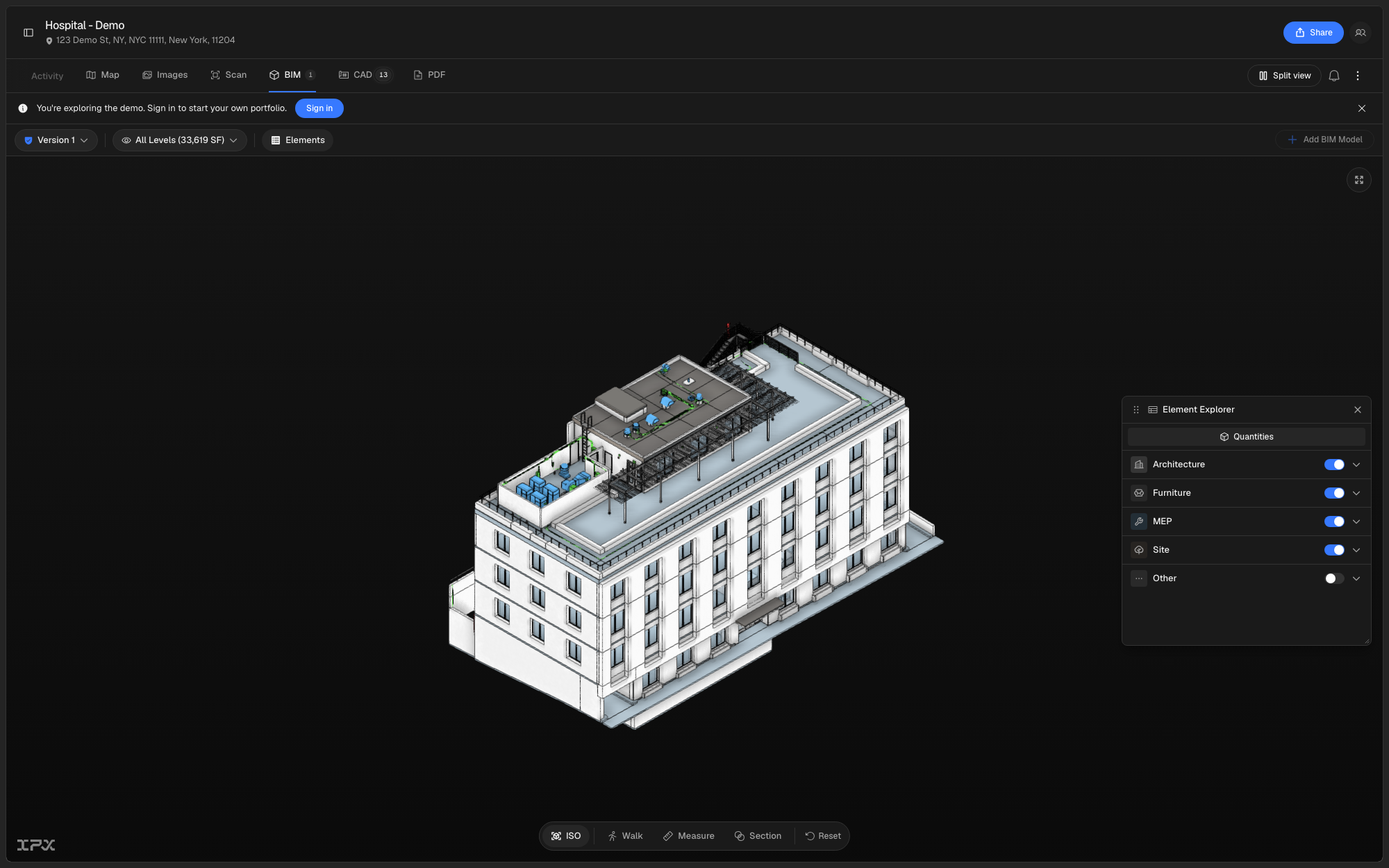 The Hospital-Demo building open in the BIM viewer, floating toolbar visible (ISO/3D, Walk, Measure, Section) with the Element Explorer open on the side showing the Site scope