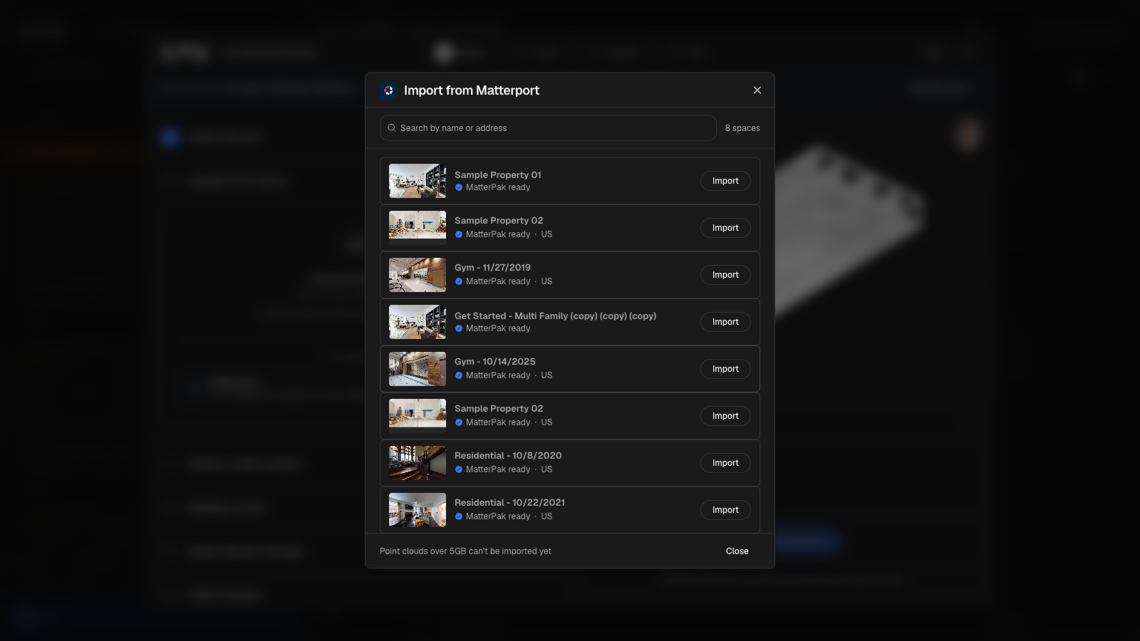 The Matterport space picker step inside the BIMIT order flow, showing a grid of space thumbnails with MatterPak availability indicated per row and an Import button ready to activate