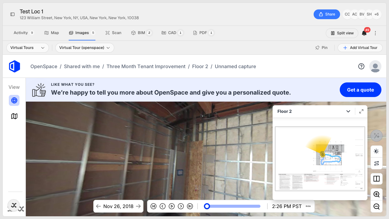 A real OpenSpace 360 construction-site walkthrough playing full-screen inside the IPX Images tab