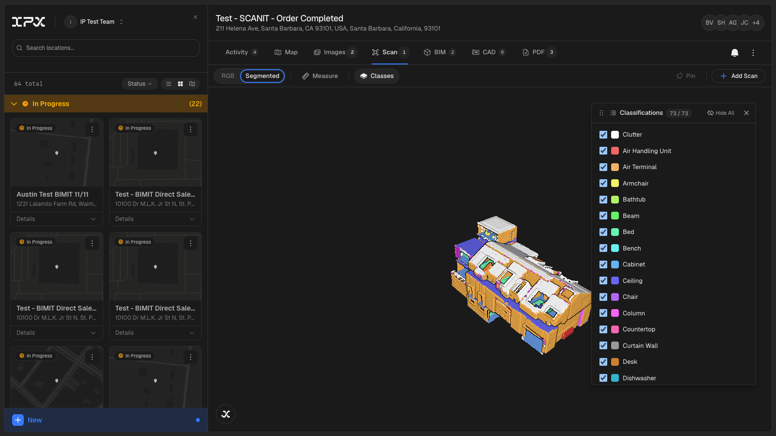 The BIMIT Engine upload modal open from the sidebar, showing the file drop zone, upload progress bar, quota usage indicator, and pipeline status display