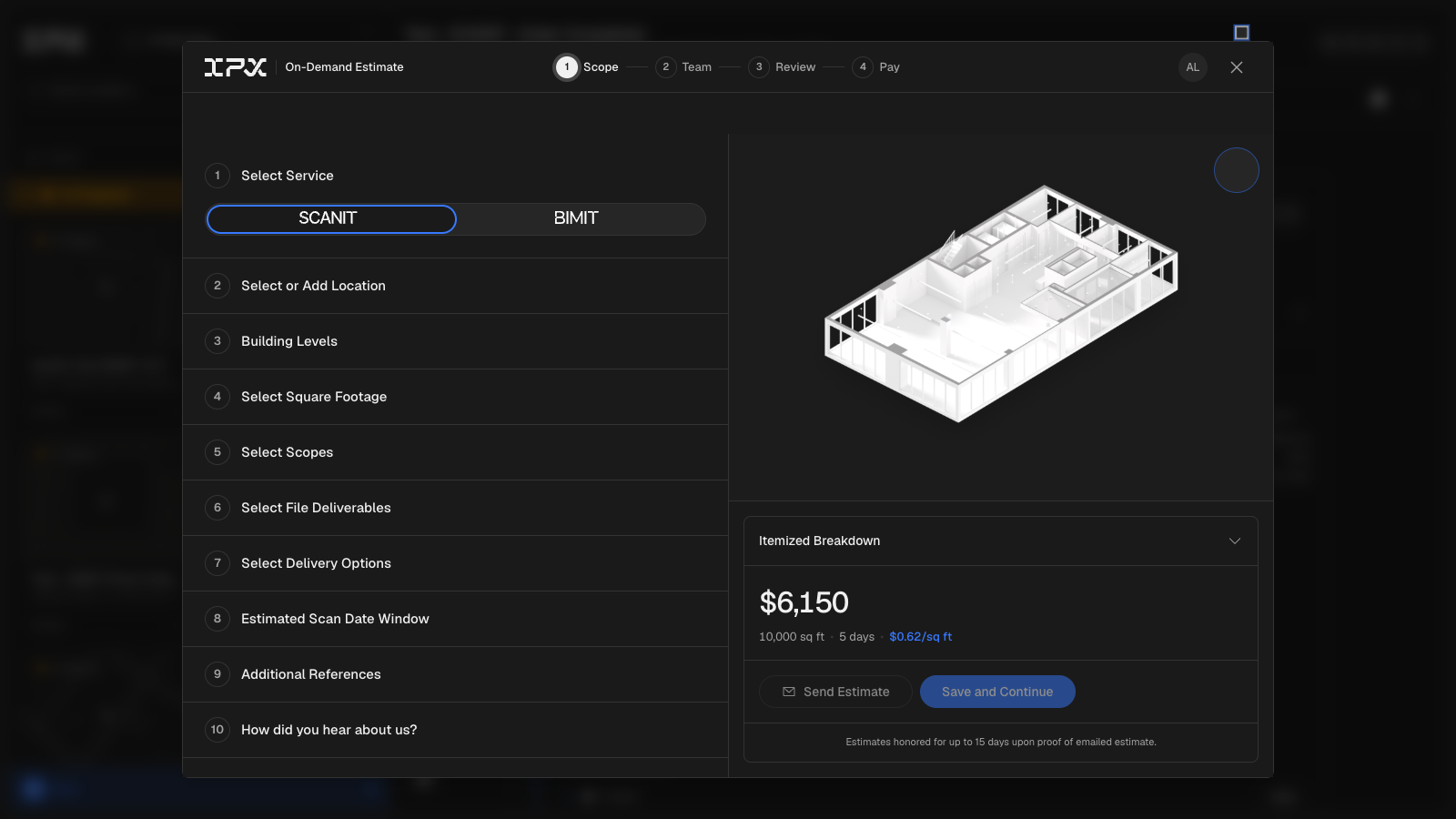 The multi-step checkout wizard at the Review step, showing itemized deliverables, location map, and the payment CTA — ideally with the estimate summary visible