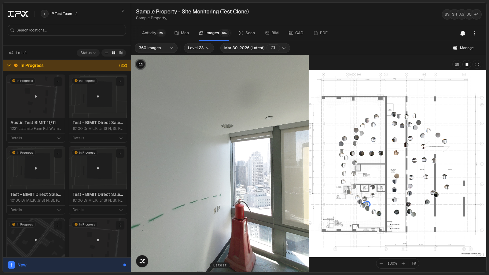 The Site Monitoring tab open in the location viewer, showing a floor plan with color-coded point markers, the 360° panorama panel open on the right, and the level/date toolbar visible at the top