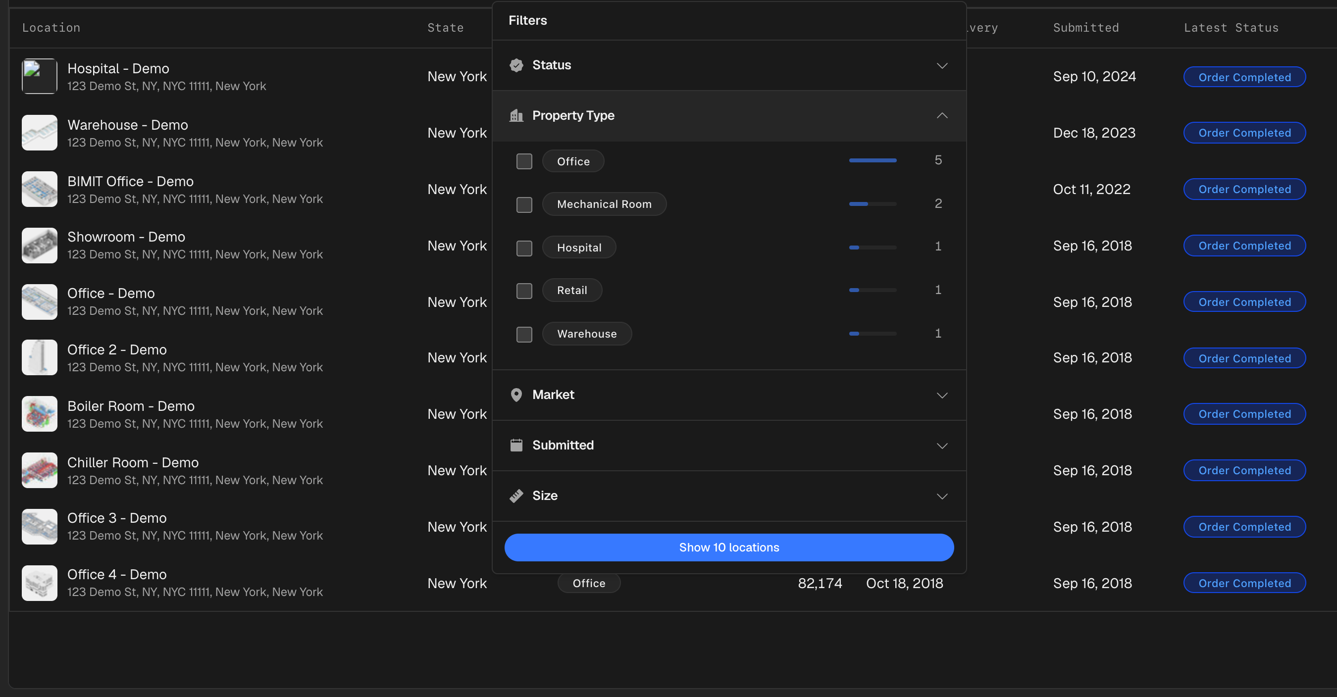 The Portfolio View Filters panel open, showing the Status toggle cards, Property Type and Market checkbox facets with count bars, and the Size histogram slider