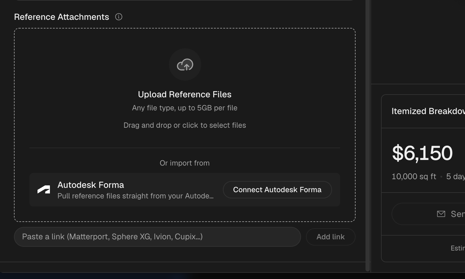 The Additional References step in the estimate wizard showing the new link input and 'Add link' button below the file dropzone, with a Matterport link already added to the list