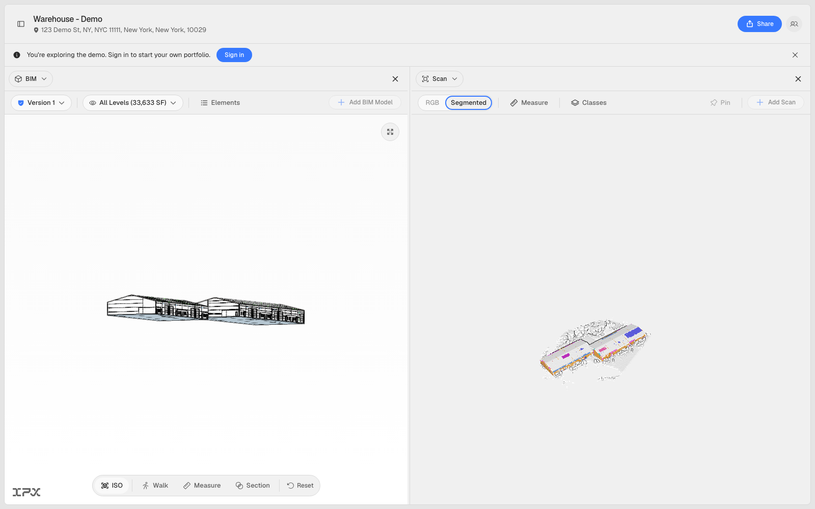 The BIM viewer split into two panes, one showing the 3D model and the other showing the point cloud scan of the same building