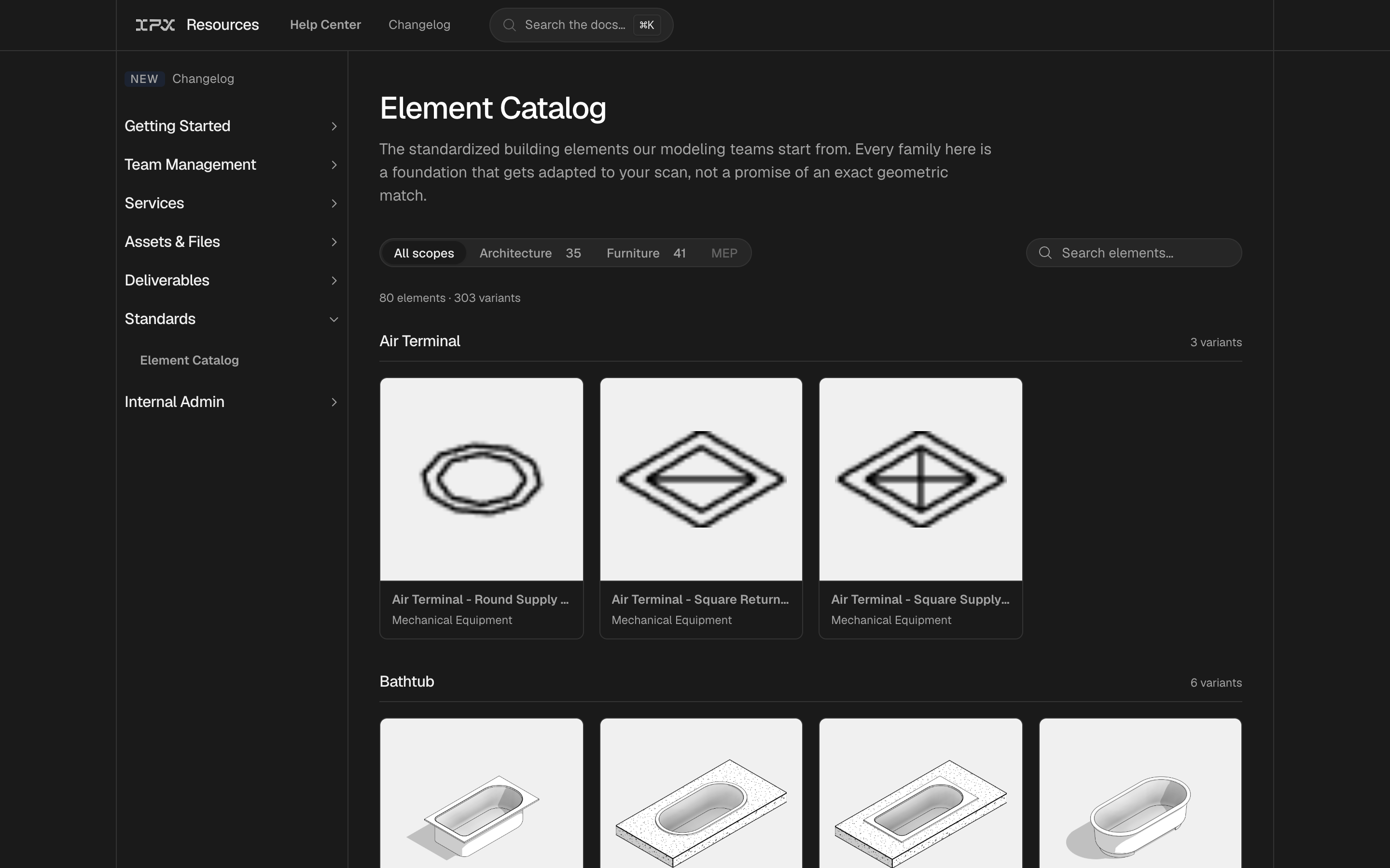 The Standards catalog browser showing the Architecture/Furniture scope tabs, an open element-group accordion, the search field, and a detail modal open with variant thumbnails and metadata