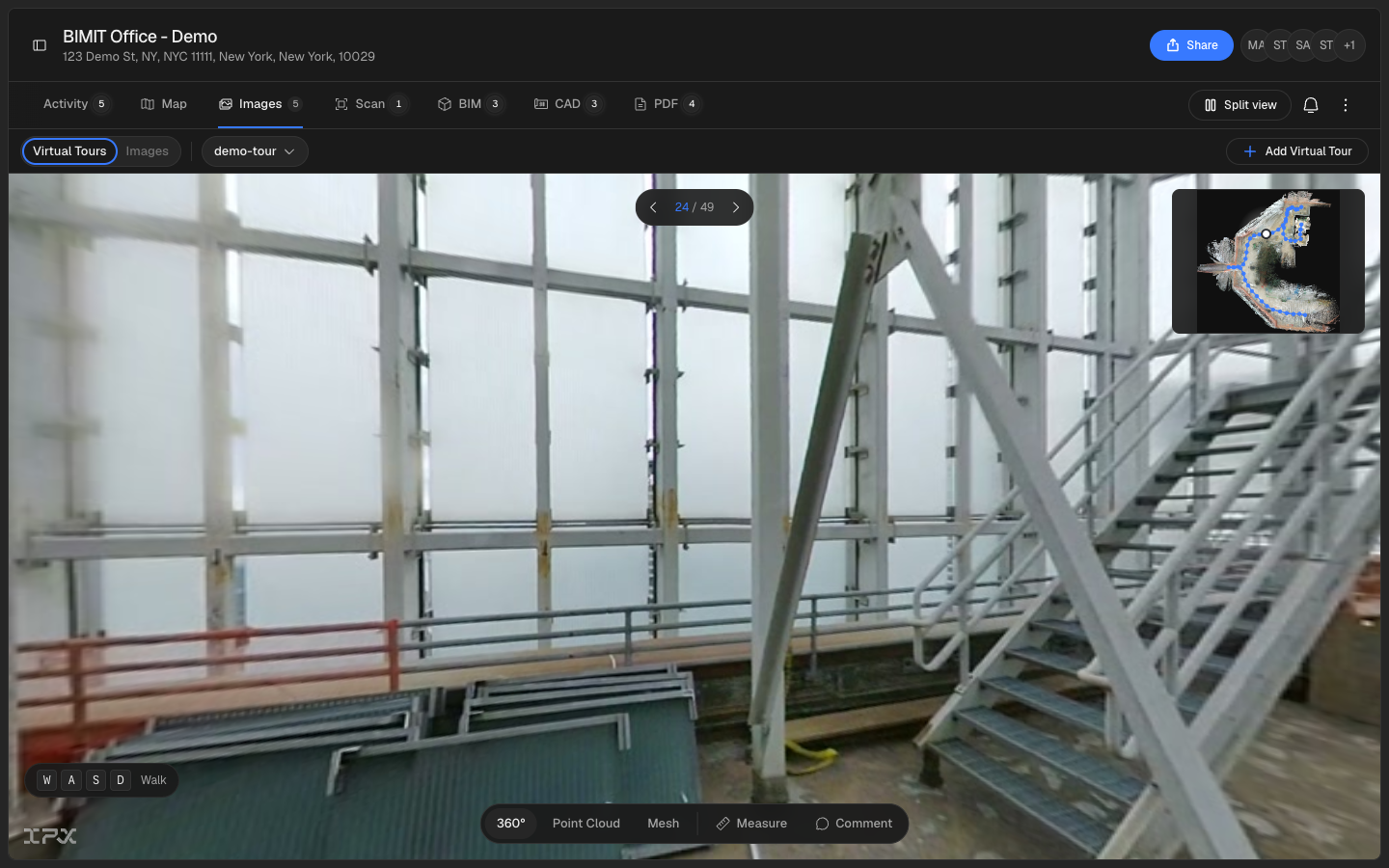 The finished tour in the viewer: a walkable 360 panorama with the walkthrough path ribbon, minimap, viewpoint navigation, and the 360/Point Cloud/Mesh/Measure toolbar