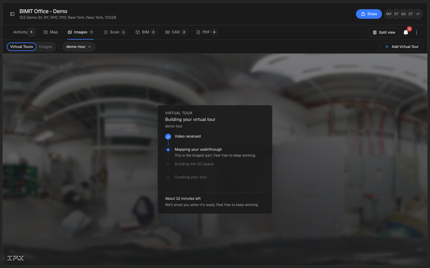 Live progress while your tour builds, with a time estimate and an email when it's done