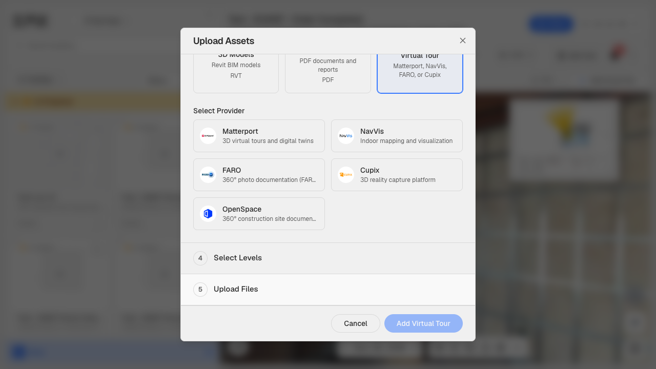 The Select Provider step when adding a virtual tour, with OpenSpace now included alongside Matterport, NavVis, FARO Sphere, and Cupix