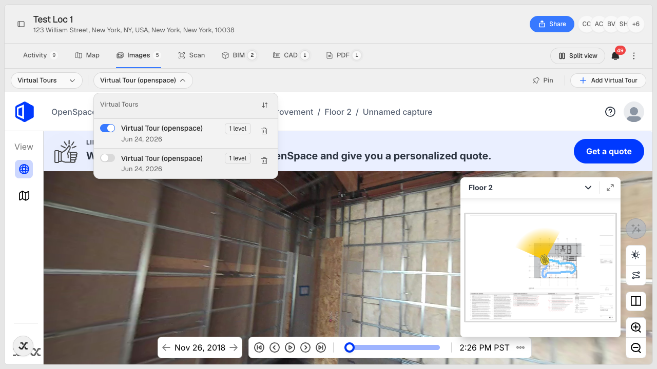 The Virtual Tours list for a location with several captures, each labeled with its provider and the date it was taken