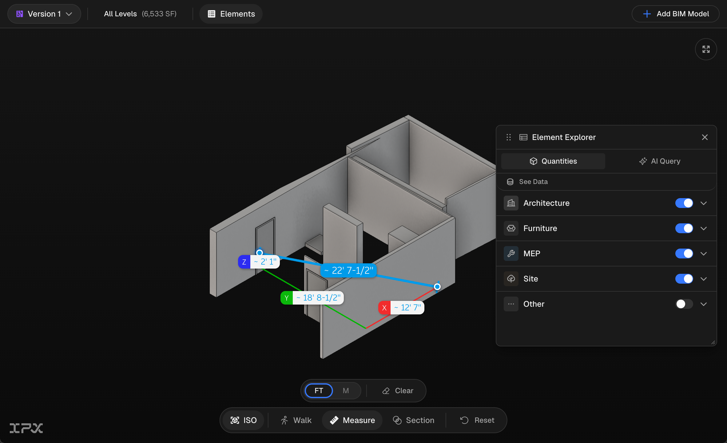 Three active measurements on a BIM model, each labeled with its distance along the X, Y, and Z axes