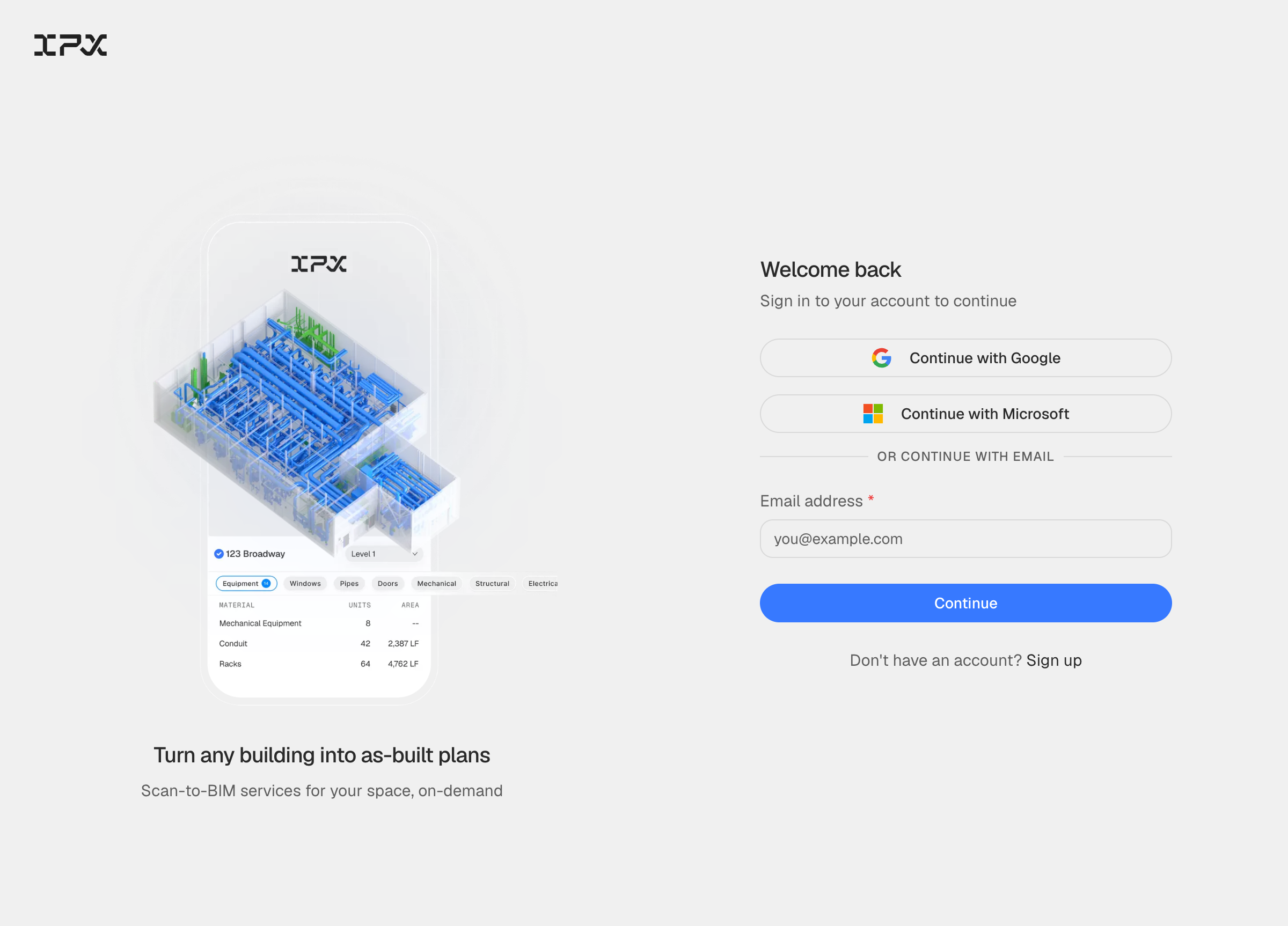 IPX Platform sign-in page with Google, Microsoft, and email options