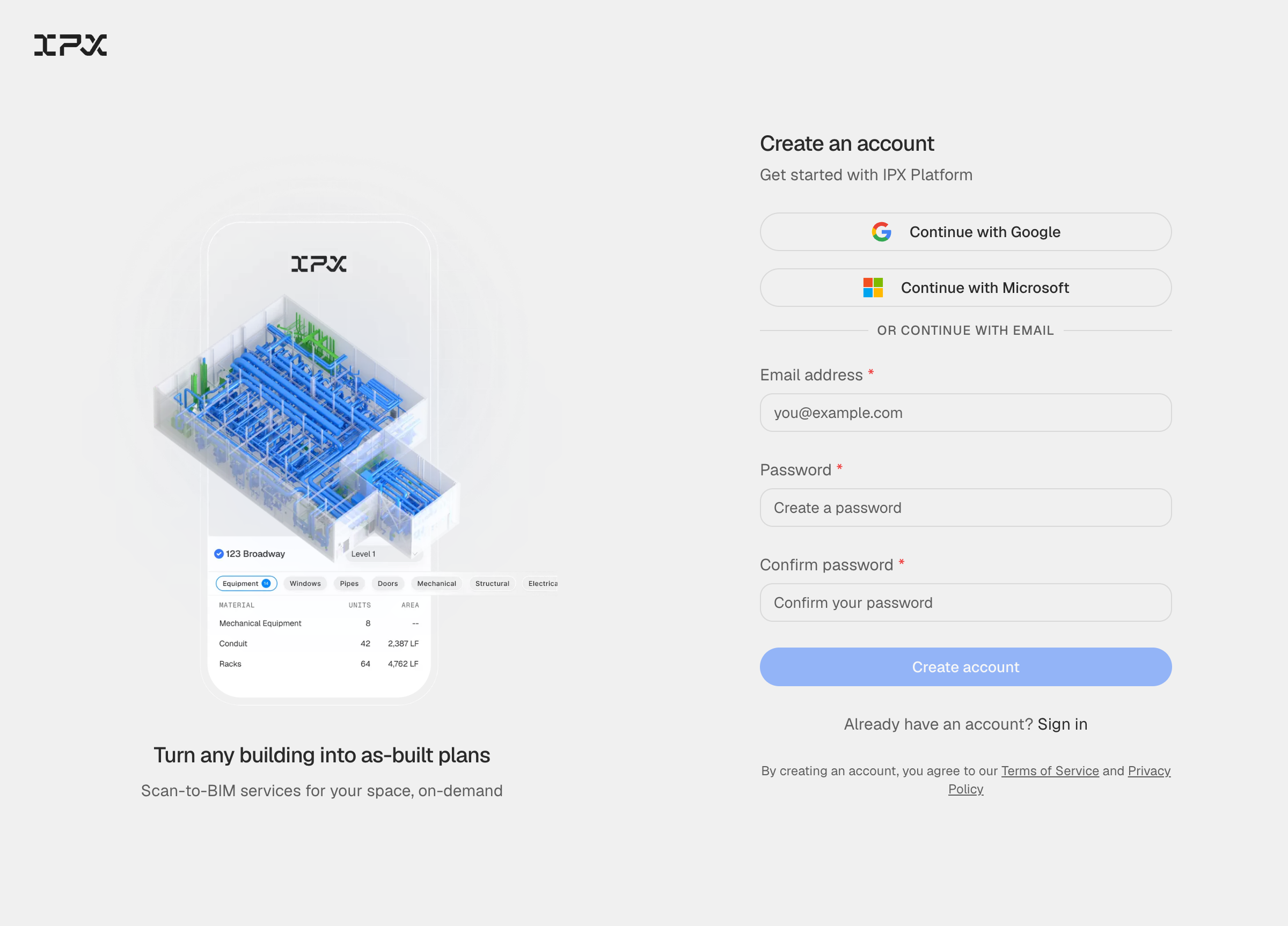 IPX Platform sign-up page with Google, Microsoft, and email/password options