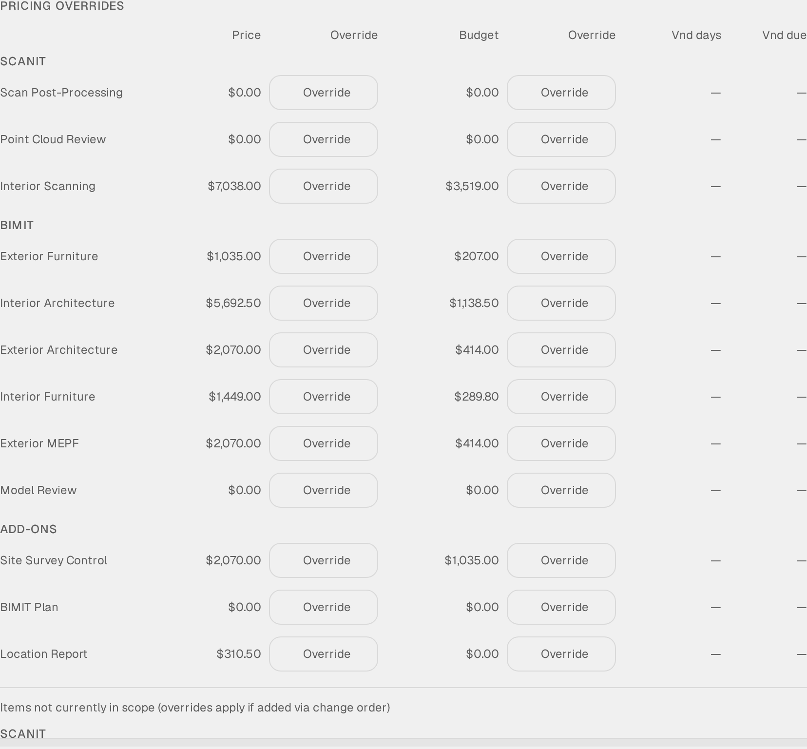 Override pricing and download the estimate
