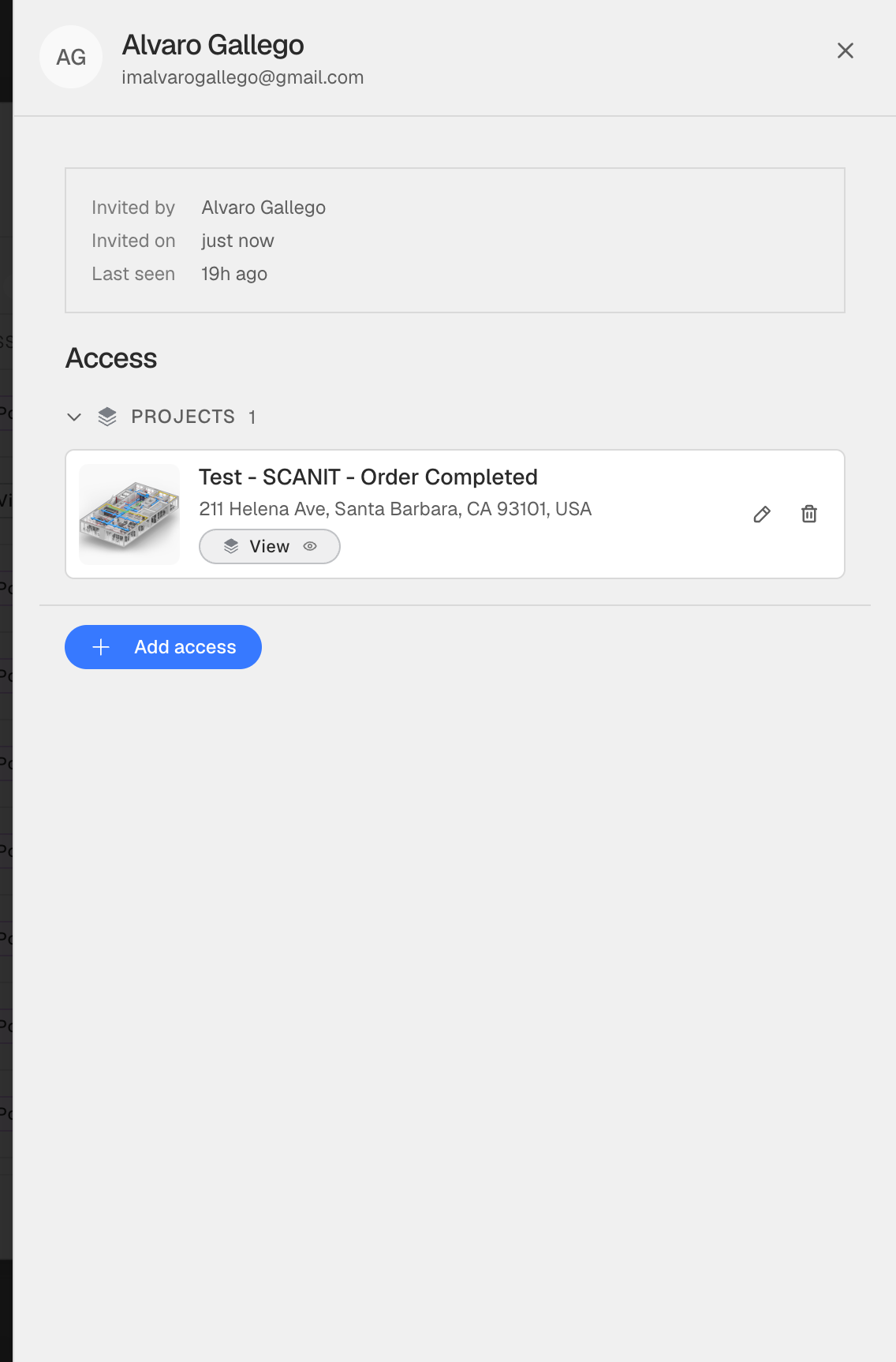Drawer after Apply — now a Project Member with View on one project