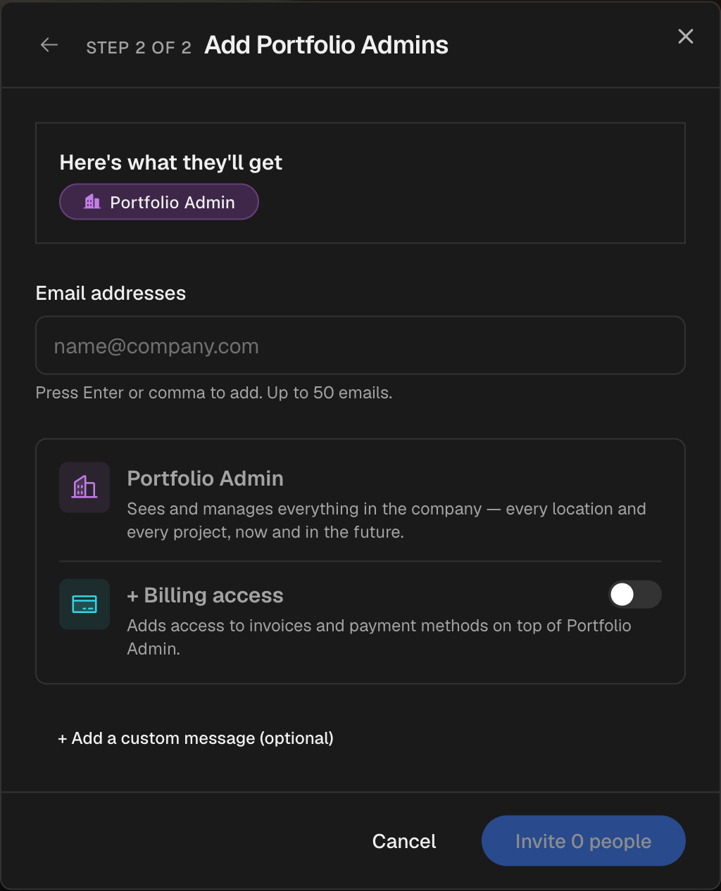 The optional Billing access toggle shown during an invite