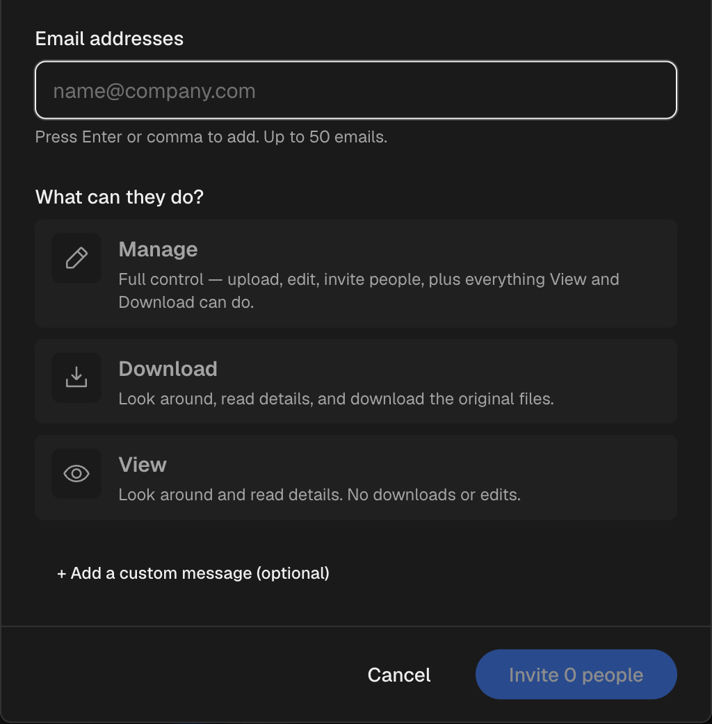 The three permission bundles: View, Download, and Manage, each with a description