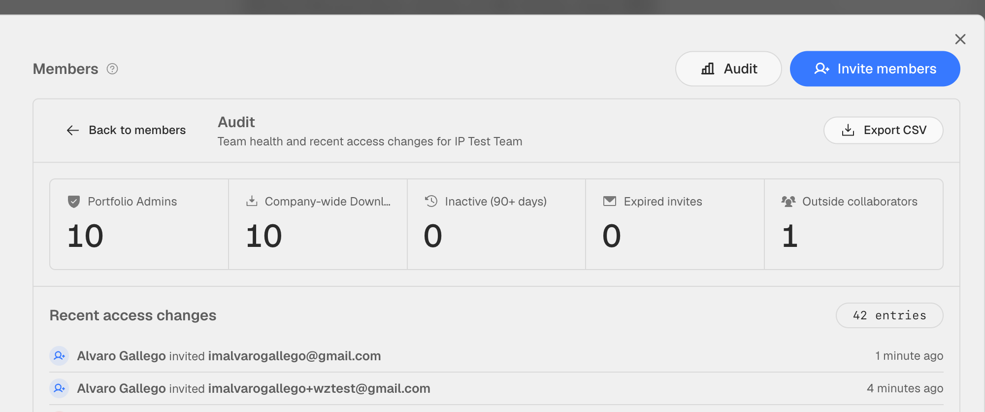 Audit panel showing Portfolio Admins, Company-wide Download, Inactive, Expired invites, Outside collaborators