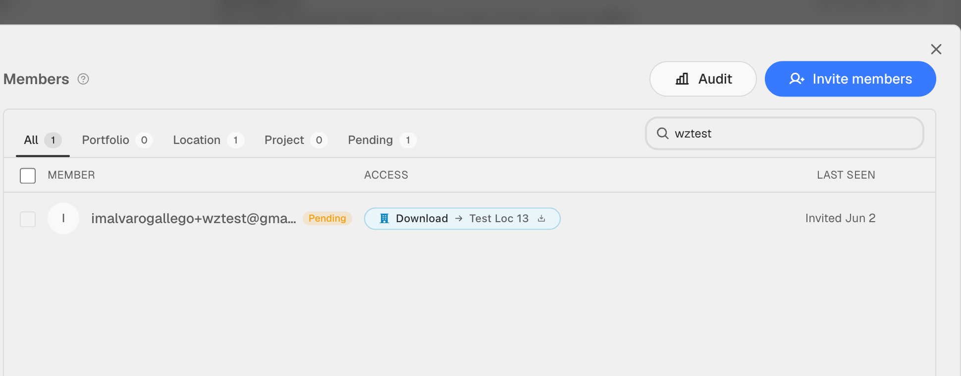 Members table with All / Portfolio / Location / Project / Pending tabs and search