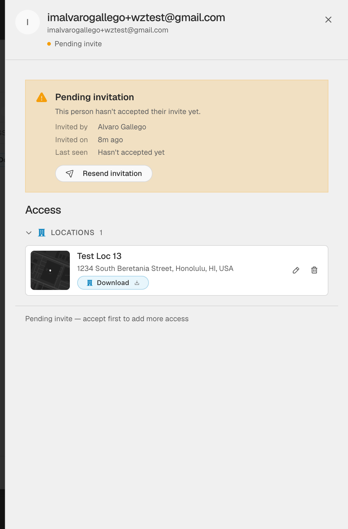 Pending invitation drawer with Resend invitation button